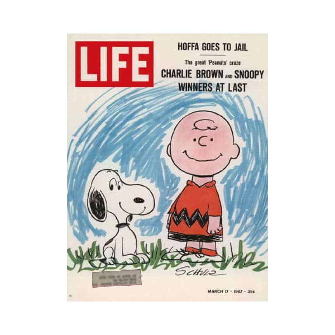 Cover of VTG Life Magazine March 17, 1967 featuring Peanuts characters Charlie Brown and Snoopy. The illustration highlights the playful essence of the beloved comic strip, emphasizing the popularity of Peanuts during the 1960s.