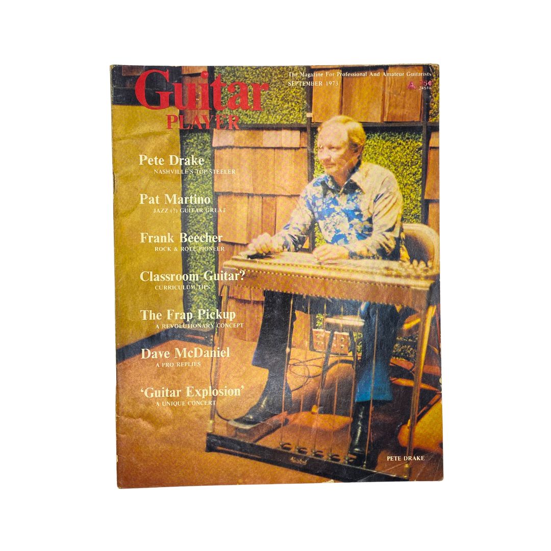 Cover of VTG Guitar Player Magazine September 1973 featuring prominent guitarists Pete Drake and Pat Martino, showcasing articles about guitar techniques and music culture.