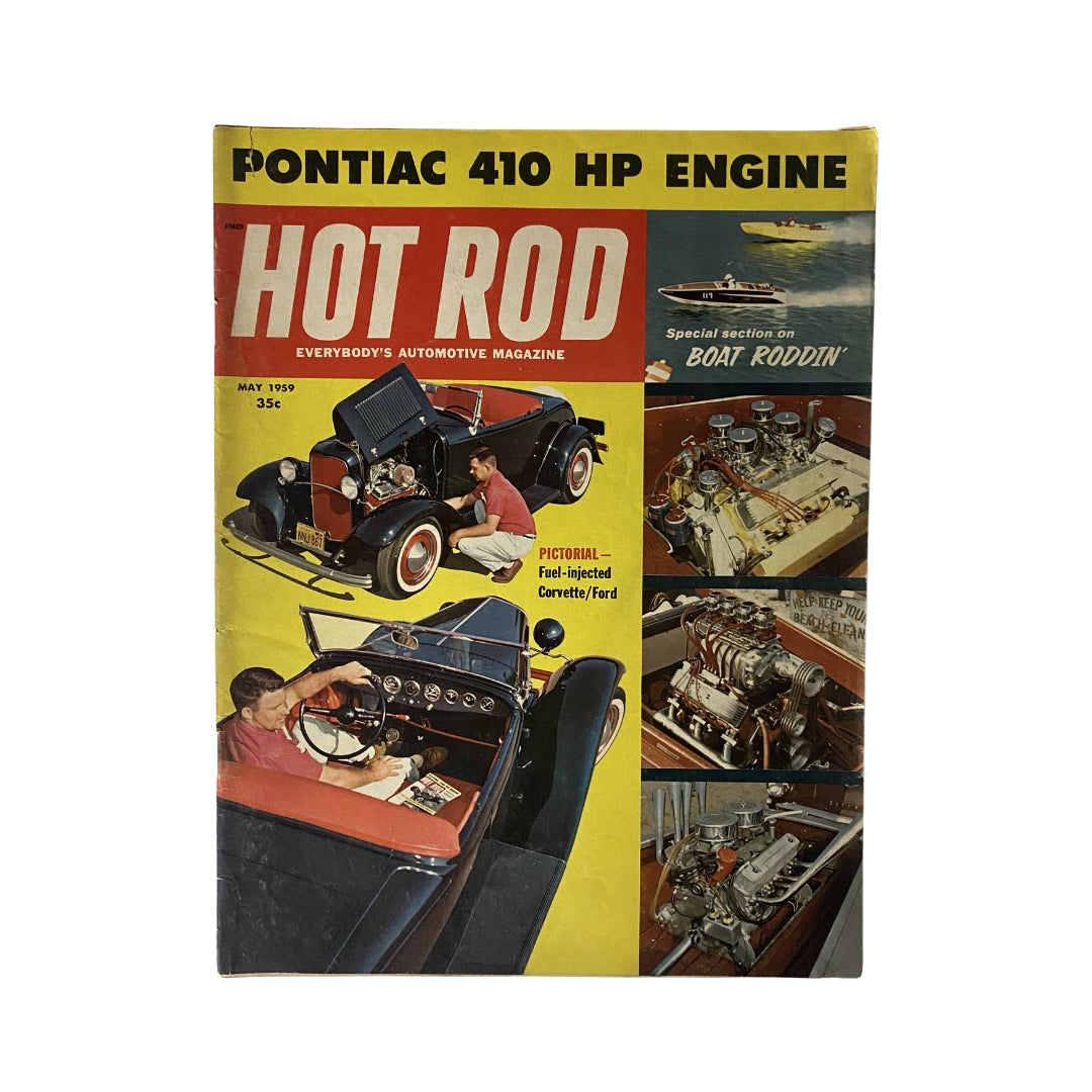 Cover of VTG Hot Rod Magazine May 1959 featuring an iconic image of a fuel-injected Corvette and Ford along with automotive themes.