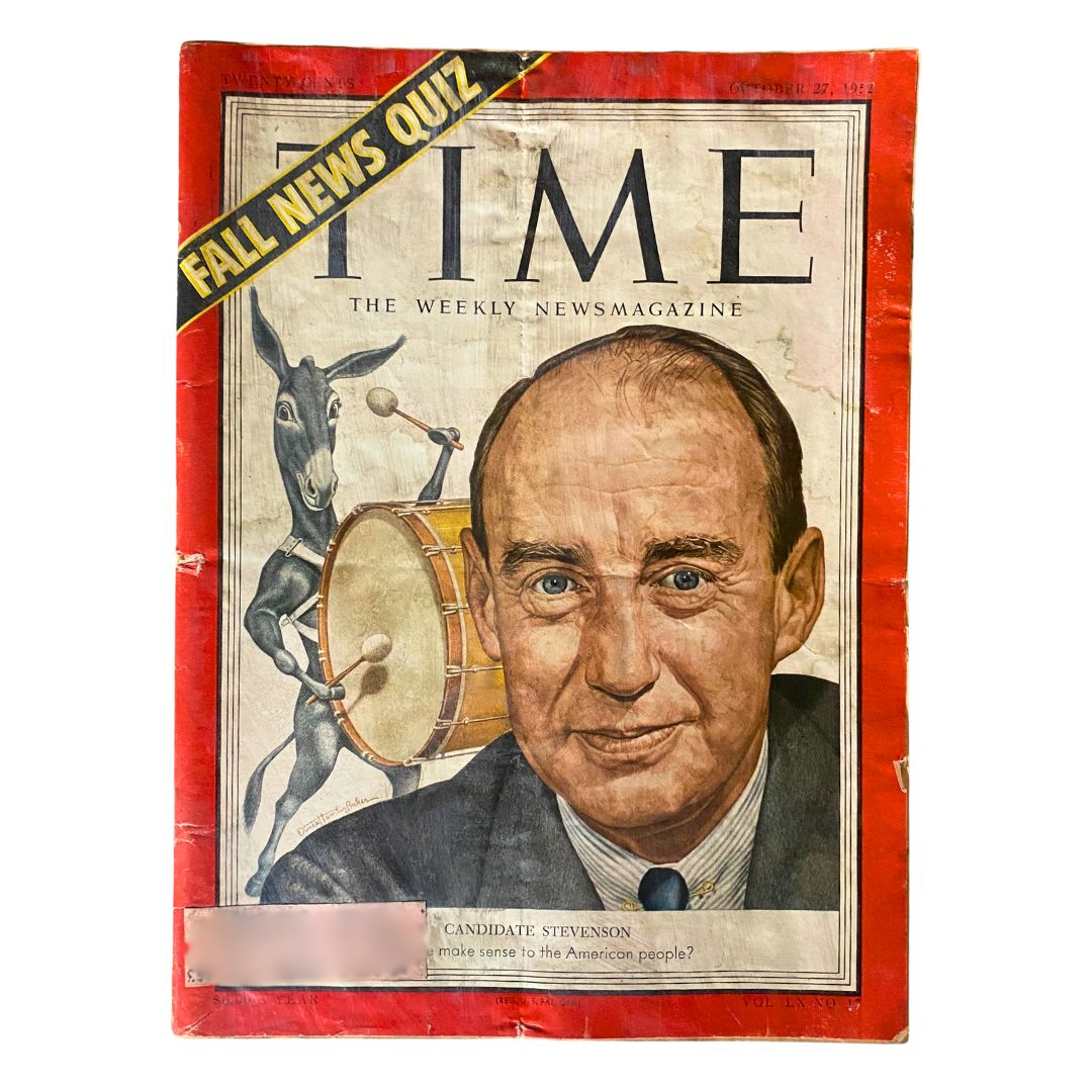VTG Time Magazine October 27, 1952 Vol 60 No. 17 featuring a cover illustration of Adlai Stevenson II with a donkey and drum, showcasing the political landscape of the early 1950s.