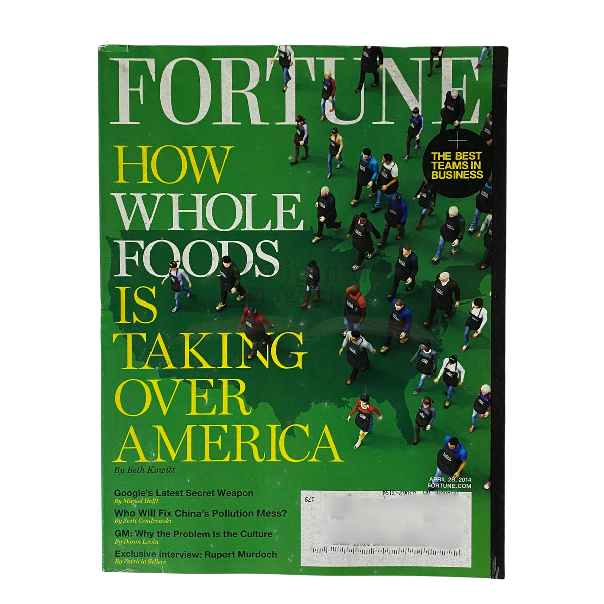 Fortune Magazine April 28, 2014 cover featuring the title 'How Whole Foods is Taking Over America' with a crowd of people depicted on the cover.