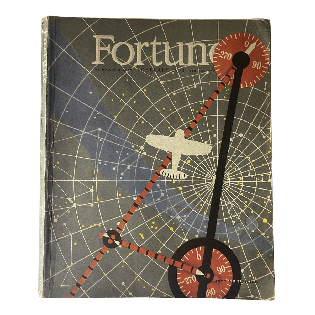 Fortune Magazine February 1944 cover featuring an artistic design with an airplane, emphasizing its focus on American economic and industrial themes during World War II.