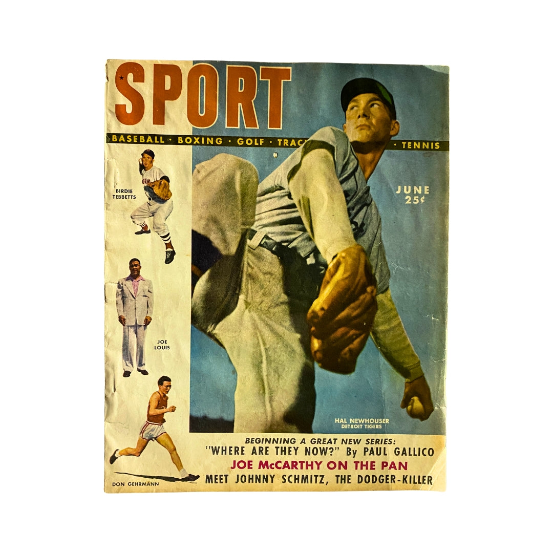 Sport Magazine June 1949 featuring Hal Newhouser and Birdie Tebbetts on the cover. The vintage magazine showcases iconic sports themes including baseball and boxing, with images of notable athletes such as Joe Louis and illustrations signifying tennis and track events.