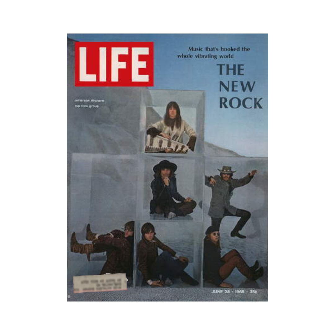 Cover of VTG Life Magazine dated June 28, 1968 featuring Jefferson Airplane, an iconic rock band. The cover highlights 'The New Rock' with visuals of the band members in artistic poses, encapsulating the vibrant culture of the 1960s music scene.