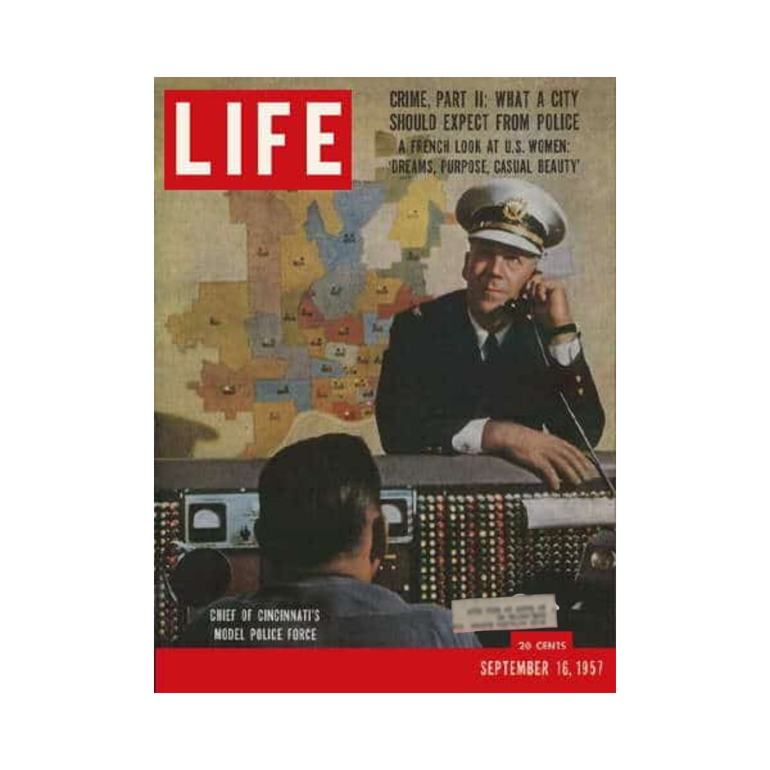 Cover of Life Magazine from September 16, 1957 featuring Cincinnati Chief of Police Stanley Schrotel, with a focus on crime, police expectations, and societal challenges during the late 1950s.