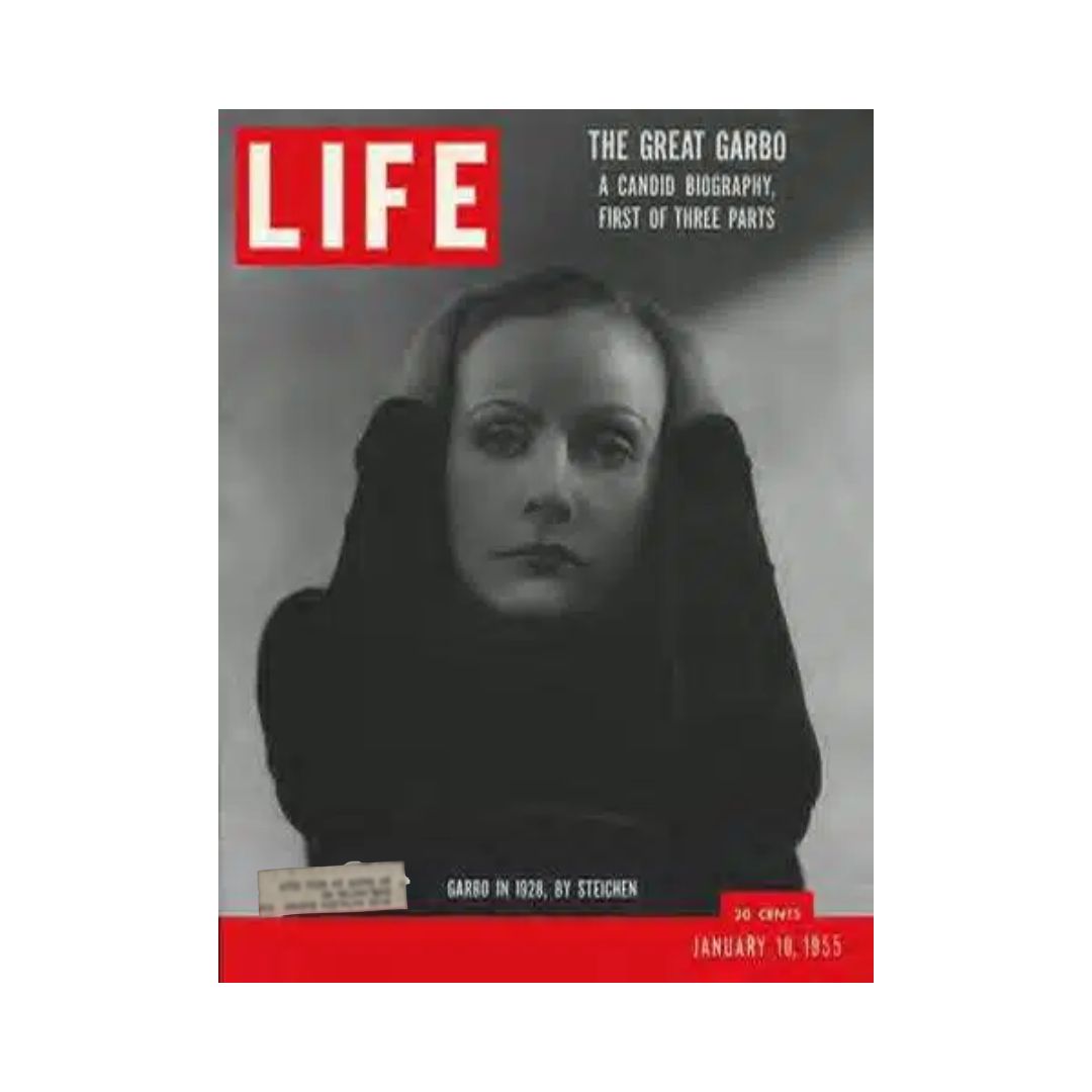 Cover of VTG Life Magazine from January 10, 1955, featuring Greta Garbo with the headline 'The Great Garbo', highlighting a candid biography. The design includes iconic Life Magazine branding and classic photography.
