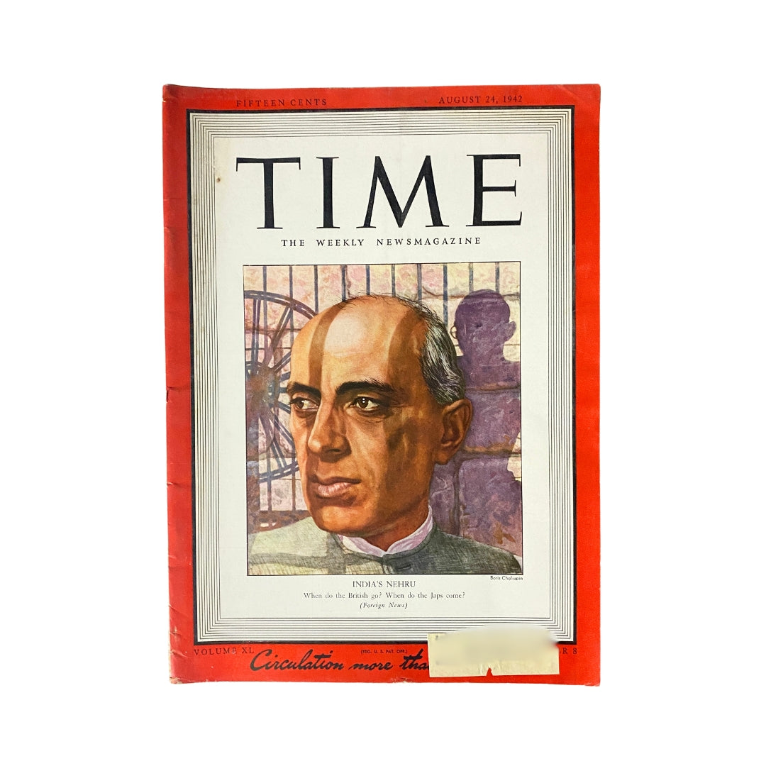 Vintage Time Magazine cover from August 24, 1942 featuring India's Jawaharlal Nehru, showcasing keys to India’s independence movement during World War II.