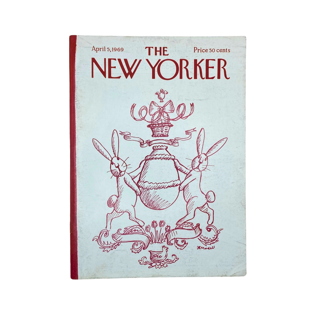 The New Yorker Complete Magazine April 5, 1969 featuring a Frank Modell cover illustration of two rabbits holding a decorative vase. The magazine is in very good condition and priced at 50 cents.