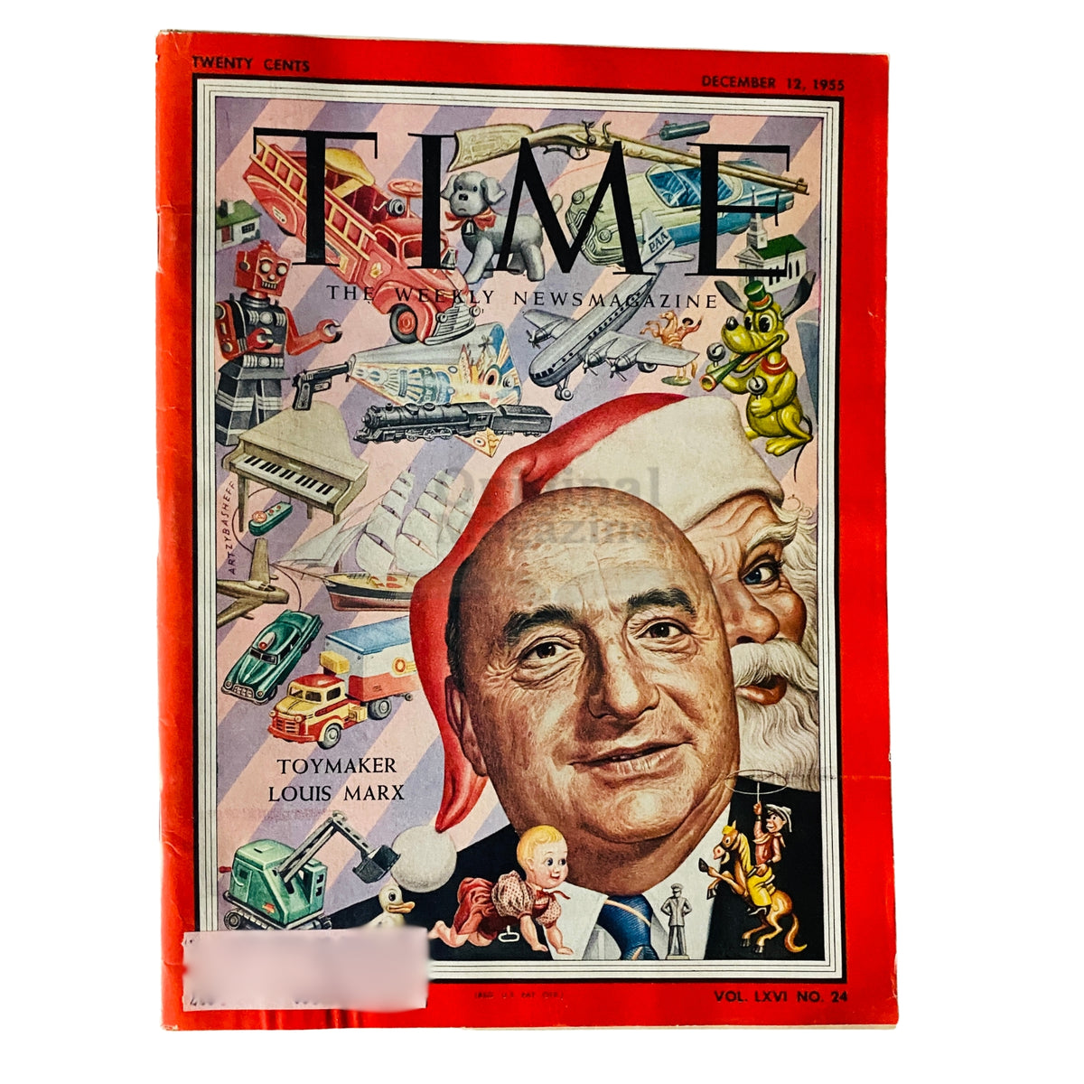 Time Magazine December 12, 1955, Vol 66 No. 24 featuring a cover story on Toymaker Louis Marx, showcasing various toys and a cheerful Santa Claus, reflecting the innovative spirit of the 1950s toy industry.