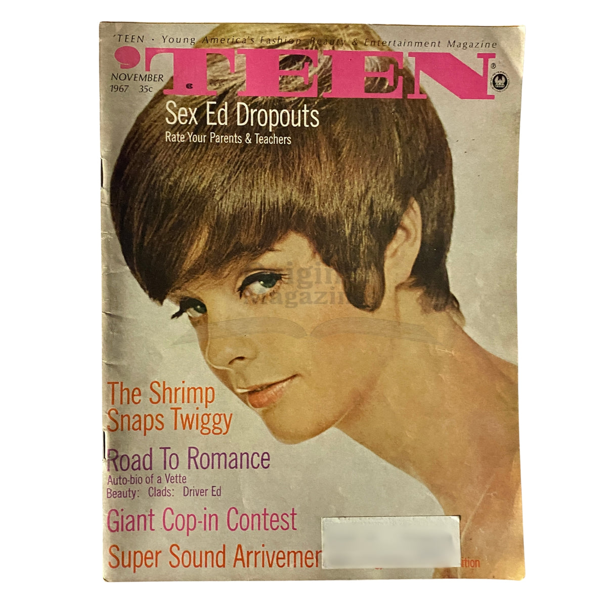 Cover of 'Teen Magazine November 1967: The Shrimp Snaps Twiggy', featuring iconic model Twiggy on the front, showcasing vintage 1960s fashion and culture.