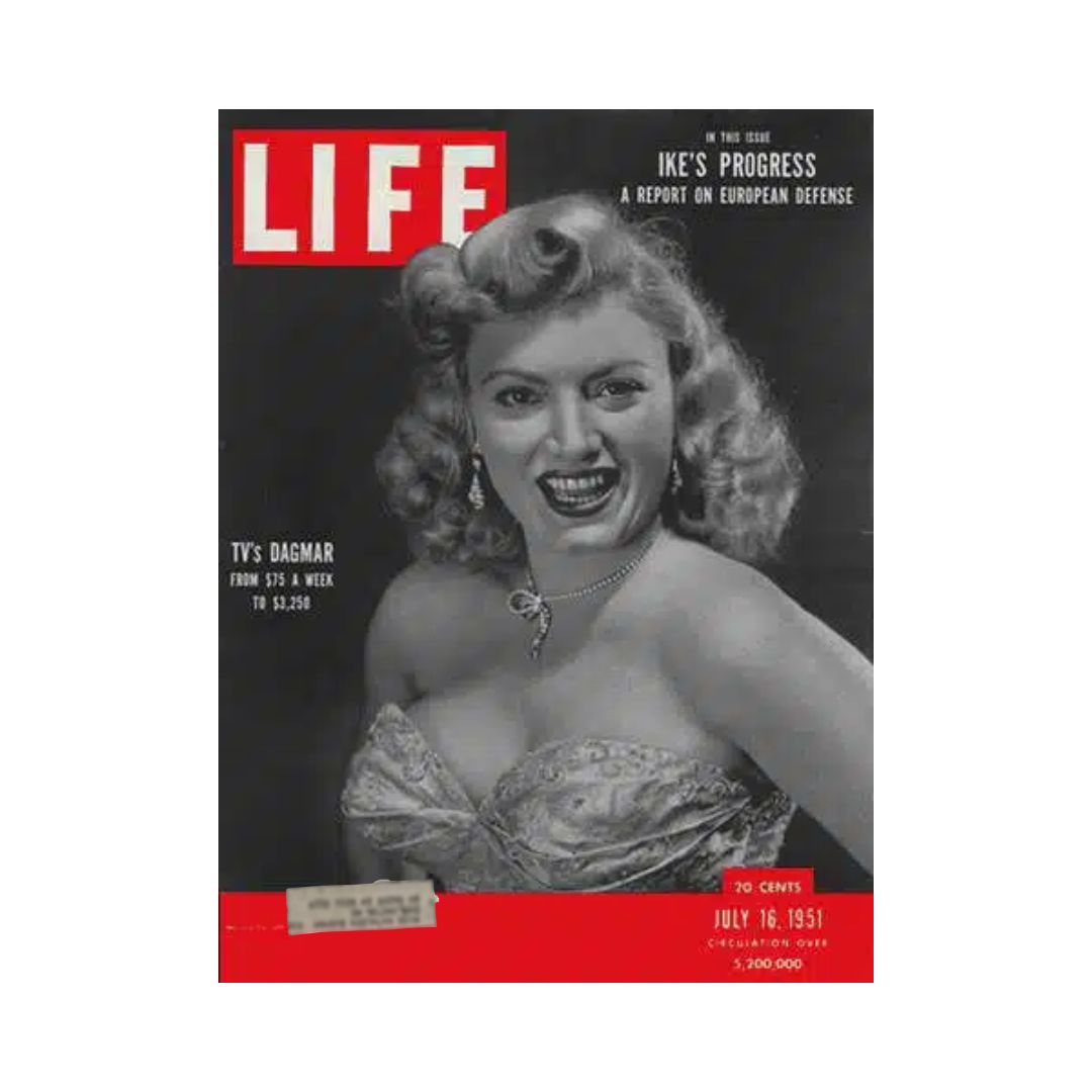 VTG Life Magazine Cover from July 16, 1951 featuring Virginia Ruth 'Jennie' Lewis, also known as Dagmar, showcasing vintage fashion and cultural history.