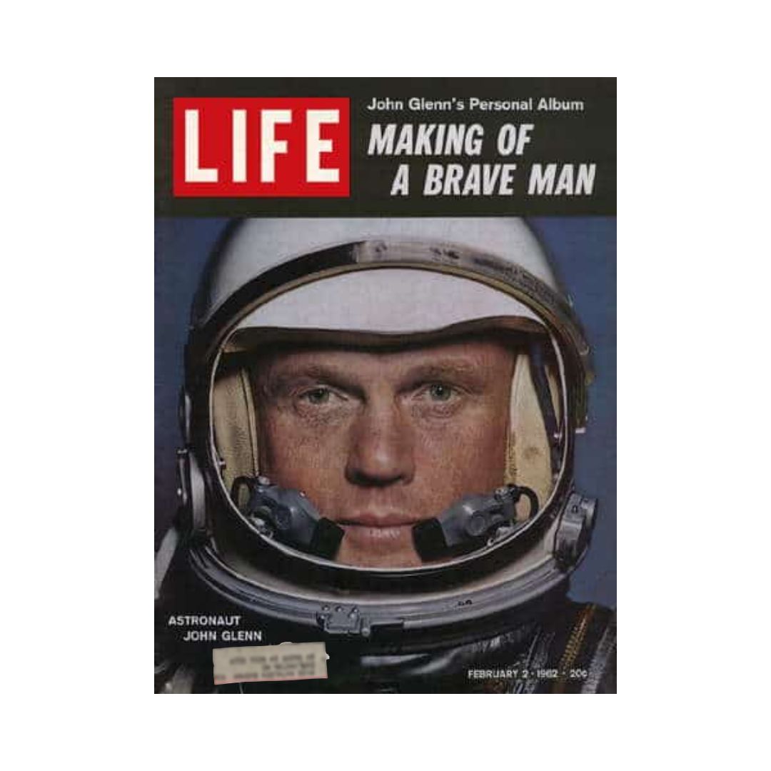 Cover of VTG Life Magazine February 2, 1962, featuring astronaut John Glenn, showcasing his daring spirit during the early days of space exploration.
