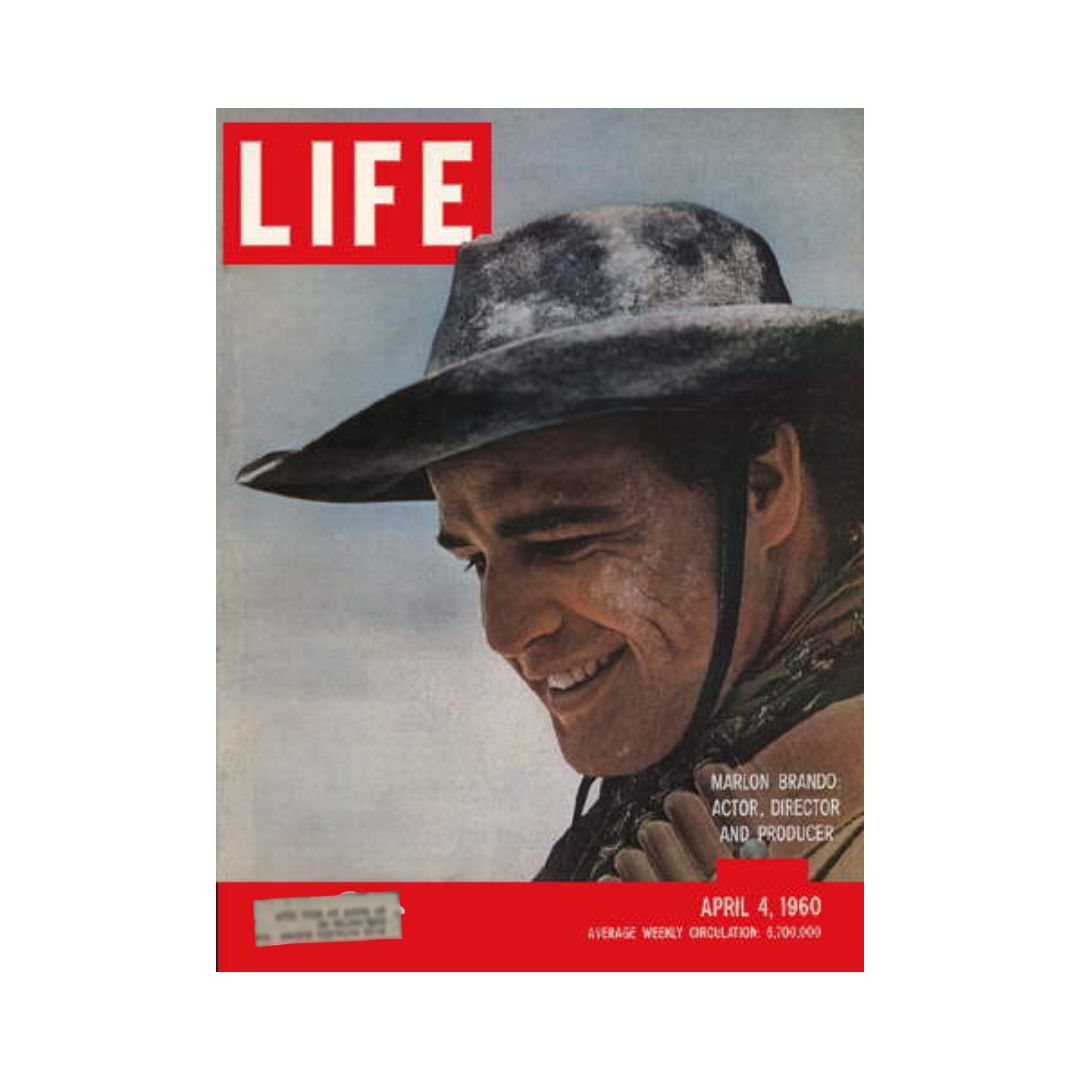 Cover of Life Magazine from April 4, 1960, featuring Marlon Brando, showcasing him as an actor, director, and producer in a Western film.