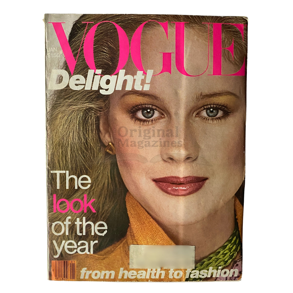 Cover of Vogue Magazine January 1978 featuring Rosie Vela, a striking model with blue eyes and bold makeup, showcasing fashion trends from the era.