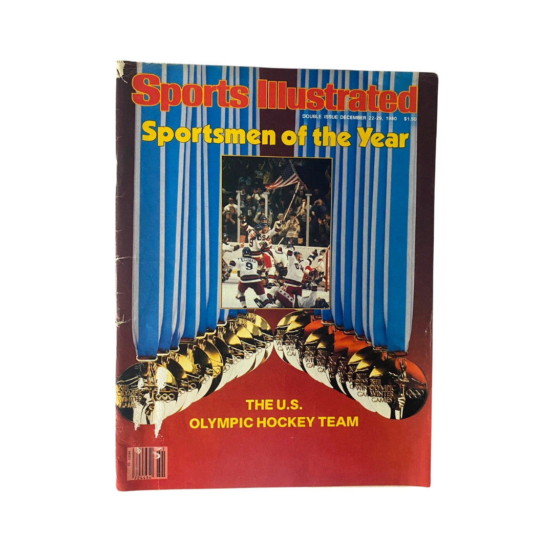 Cover of Sports Illustrated December 22-29, 1980, featuring the U.S. Olympic Hockey Team. The vibrant design showcases the headline 'Sportsmen of the Year' alongside an iconic image celebrating Team USA's Olympic victory, with gold medals prominently displayed.