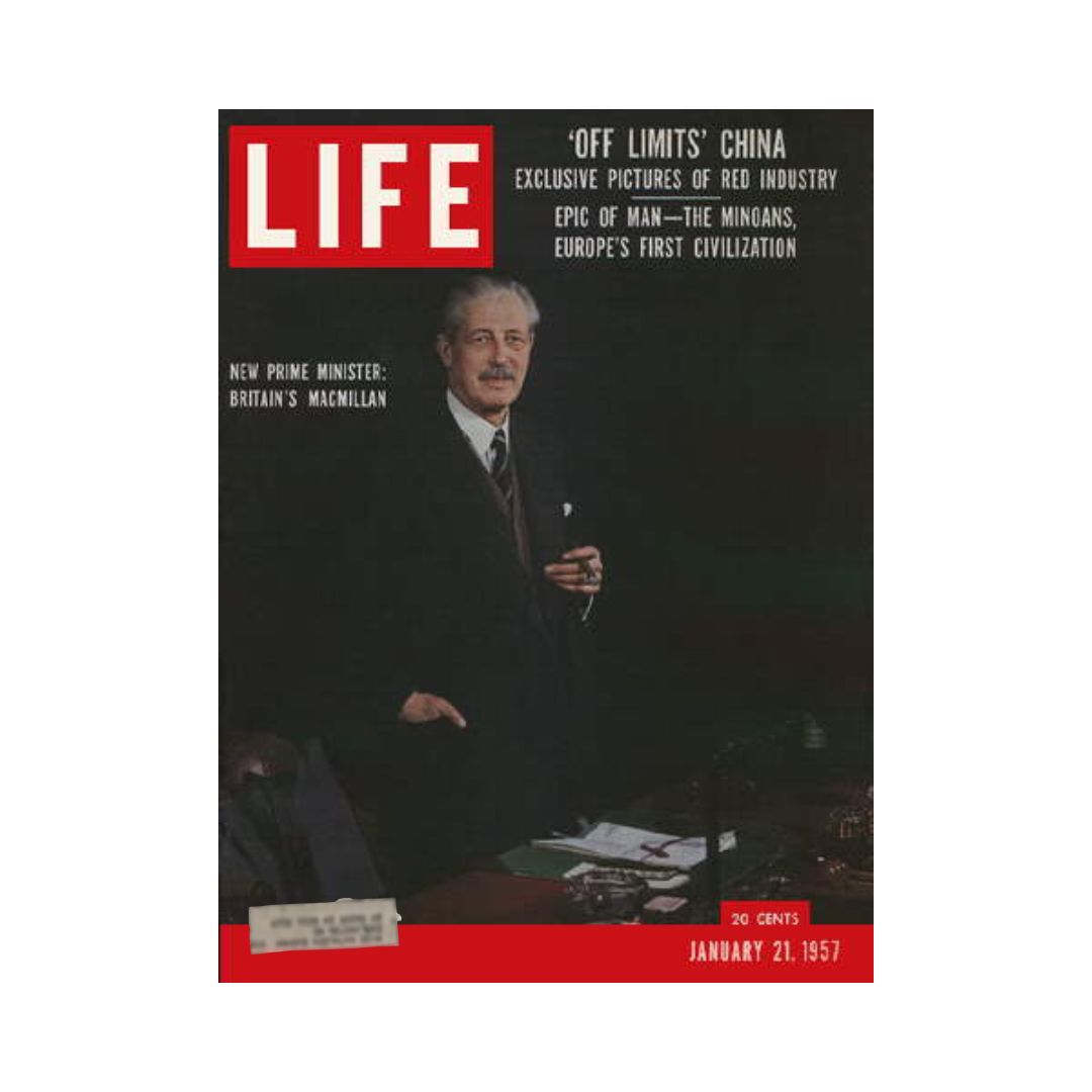 Vintage Life Magazine cover from January 21, 1957, featuring British Prime Minister Harold Macmillan. The cover includes titles about 'Off Limits' China, exclusive pictures of red industry, and highlights Britain's Cabinet crisis.