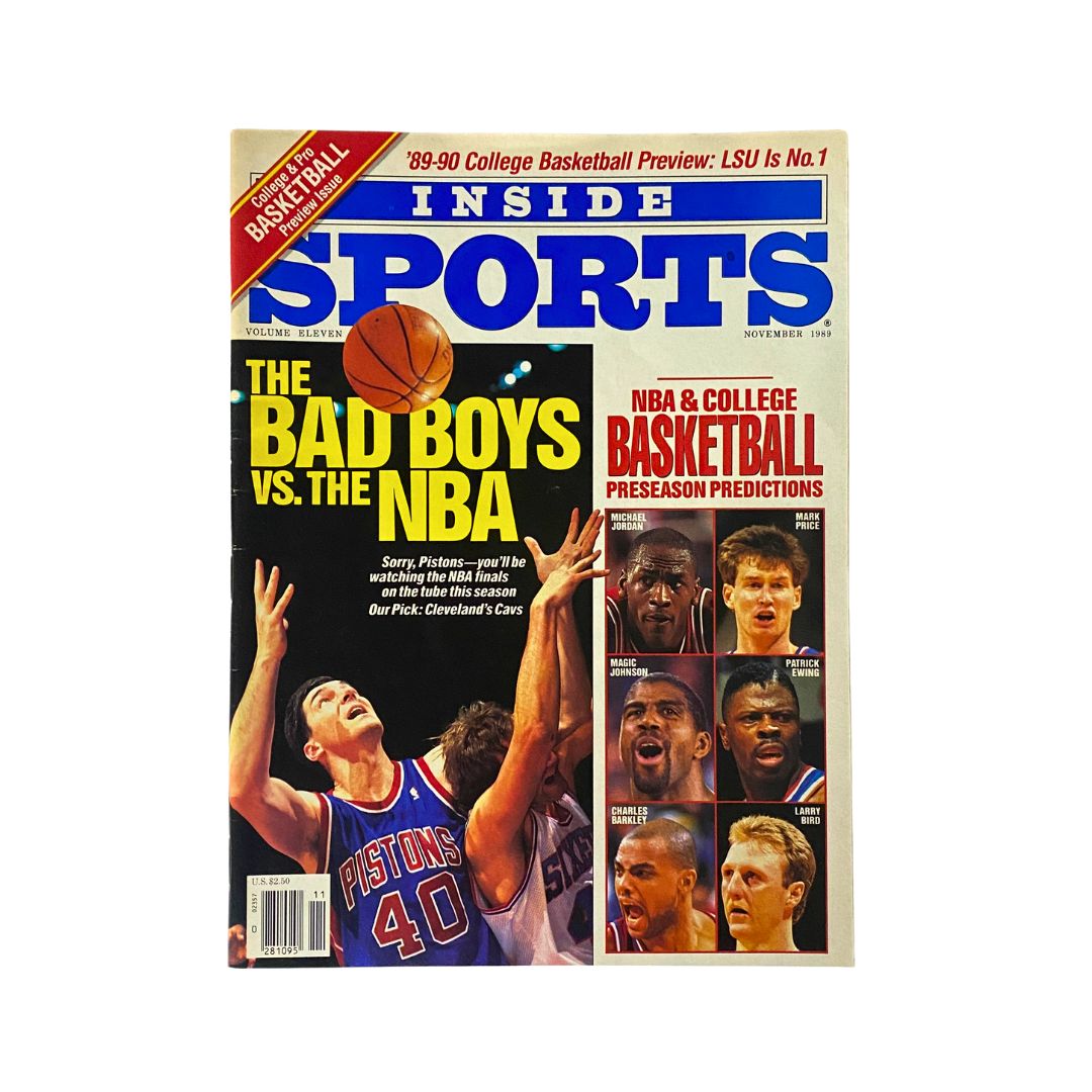 Cover of Inside Sports Magazine, November 1989, featuring the title 'The Bad Boys vs. the NBA'. The cover highlights basketball legends Michael Jordan and showcases a fierce competition theme, making it a significant collectible from sports history.