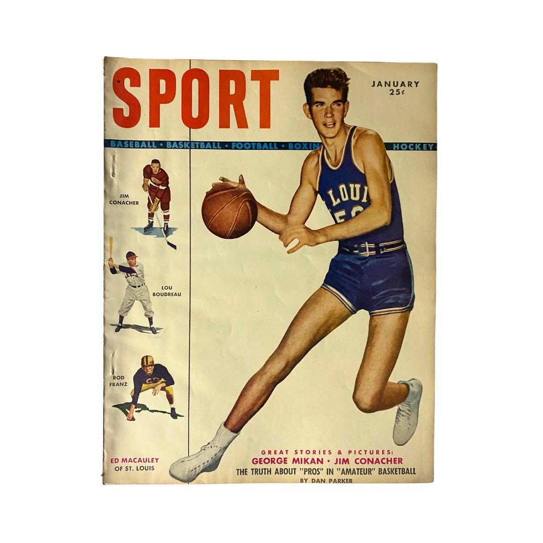 Sport Magazine January 1949 cover featuring Ed Macauley from St. Louis, showcasing the vibrant sports layout with basketball and prominent athletes, a must-have for collectors.