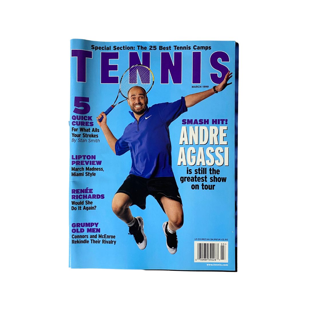 Cover of Tennis Magazine March 1999 featuring Andre Agassi, showcasing the vibrant design and highlighting him as the 'greatest show on tour' with a tennis racket in hand.