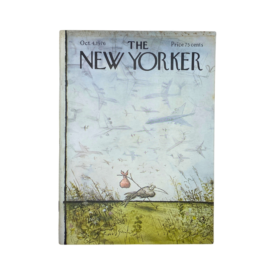 The New Yorker Complete Magazine October 4, 1976 featuring a whimsical cover by Ronald Searle, depicting a bird carrying a sack amidst a sky filled with planes.