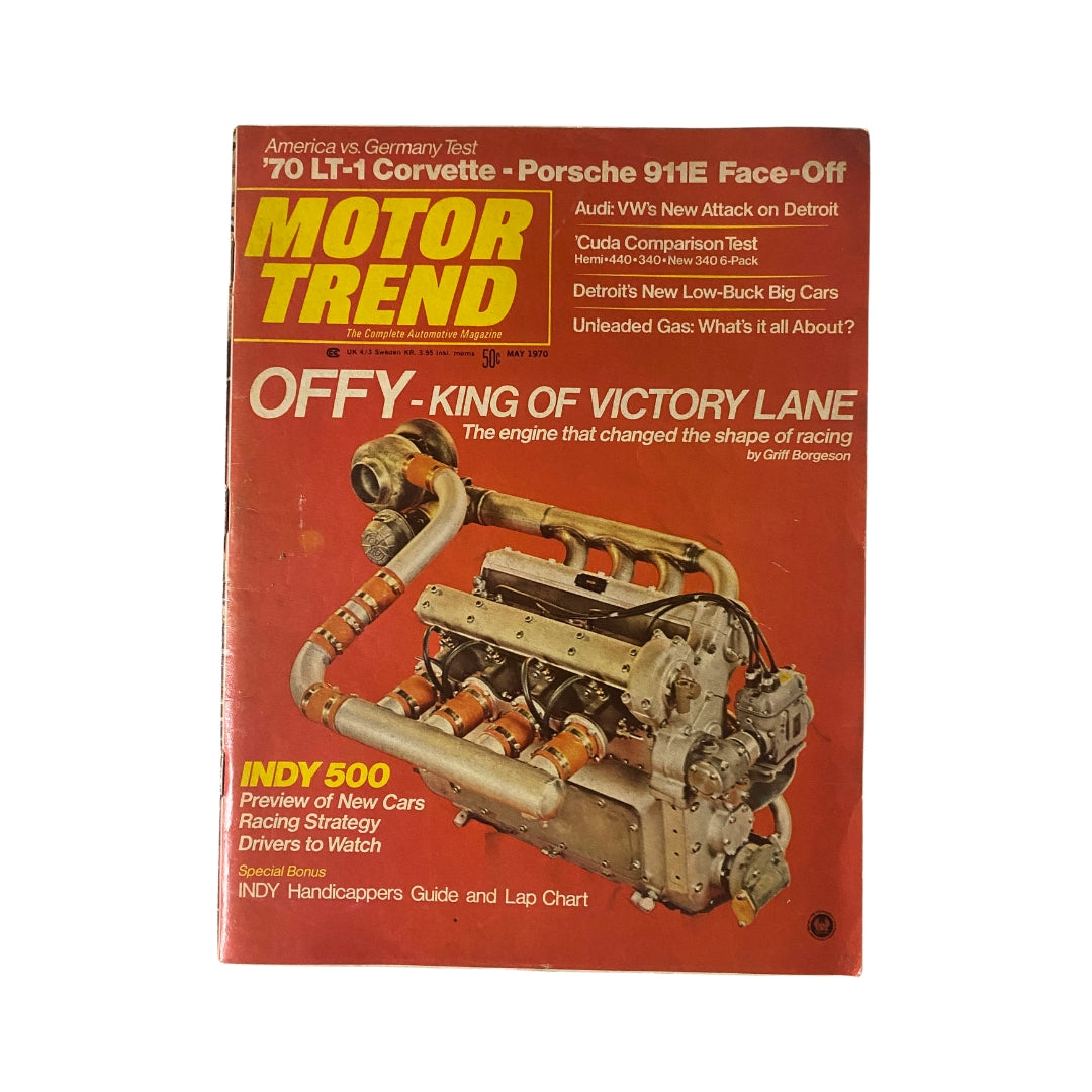 Cover of VTG Motor Trend Magazine May 1970 featuring 'Offy King of Victory Lane', showcasing a vintage racing engine design and headlines about automotive topics.