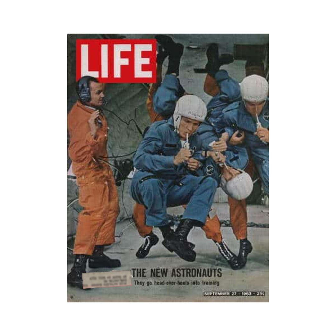 Cover of Life Magazine from September 27, 1963, featuring the title 'The New Astronauts' with astronauts training in a zero-gravity environment.
