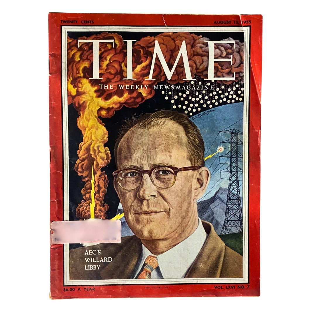 Cover of VTG Time Magazine August 15, 1955 featuring Willard Libby with vibrant colors and striking imagery, showcasing post-war America.