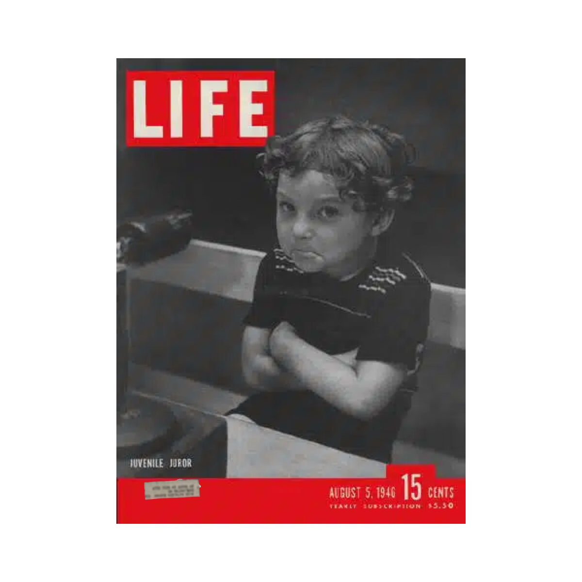 Cover of VTG Life Magazine from August 5, 1946 featuring the theme 'Juvenile Juror' with a black and white photograph of a boy sitting with crossed arms, showcasing post-war American culture.