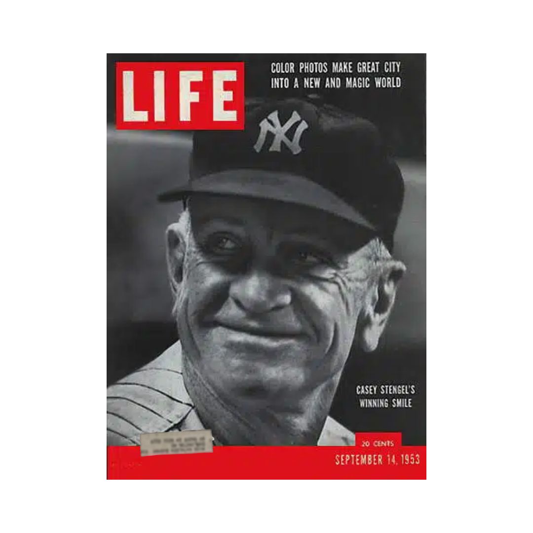 Vintage Life Magazine cover from September 14, 1953 featuring Casey Stengel, renowned American baseball manager, showcasing his smile and iconic New York Yankees cap.