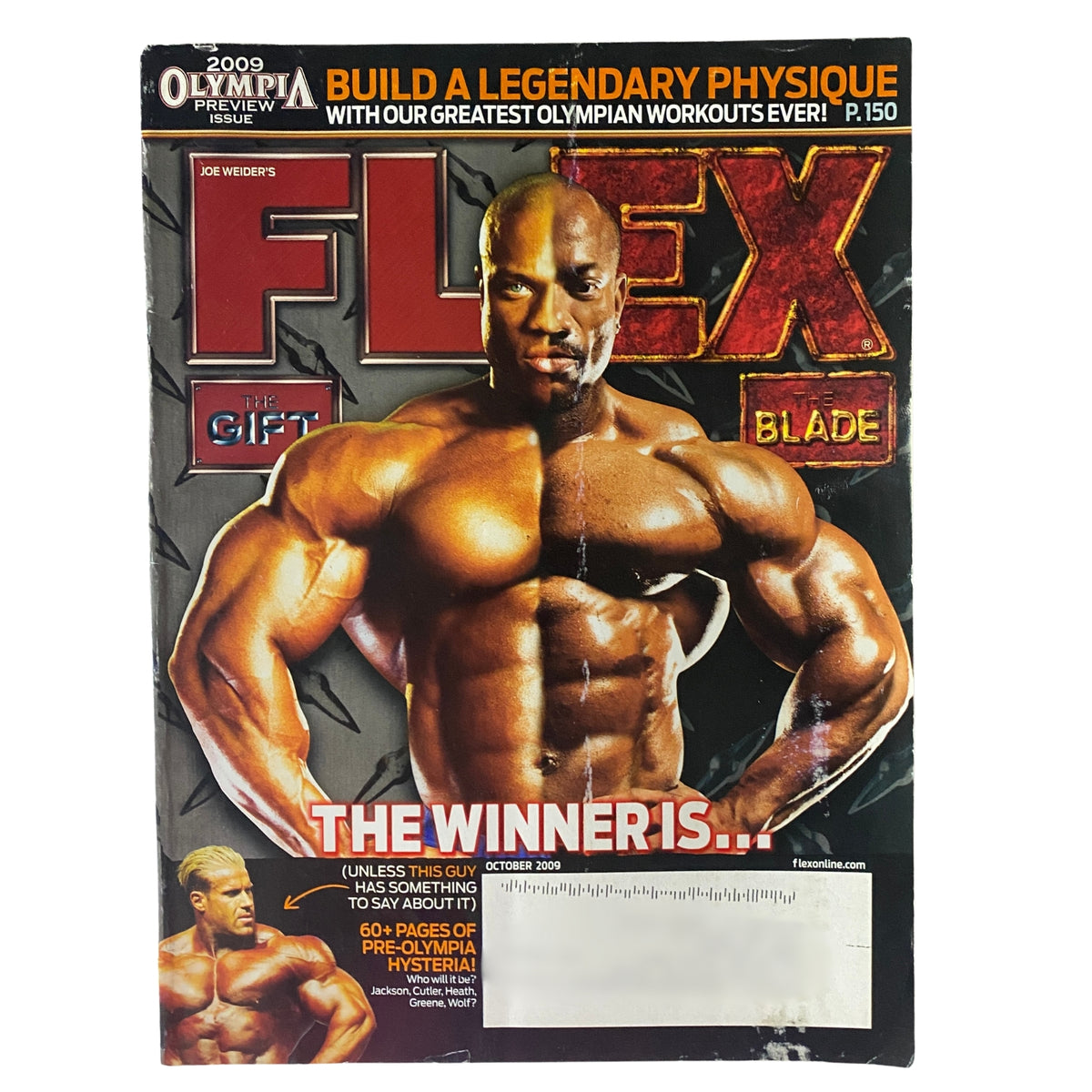 Flex Magazine October 2009 cover featuring Phil Heath, Dexter Jackson, and Jay Cutler, showcasing bodybuilders with the title 'The Gift' and 'The Blade'. A must-have collectible for bodybuilding enthusiasts.