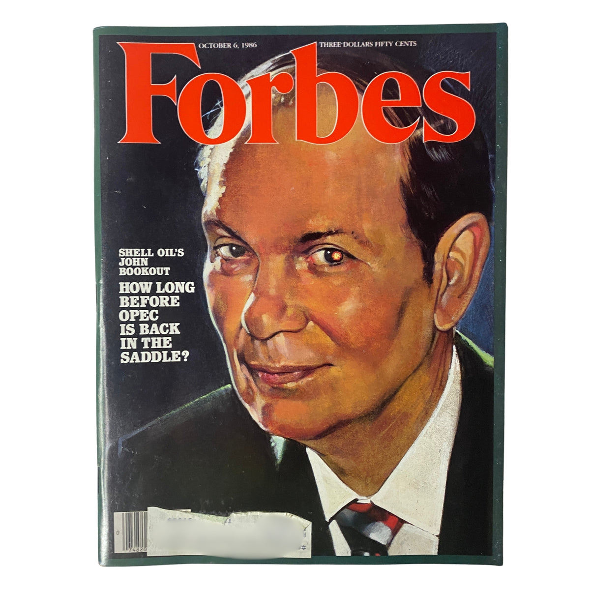 Forbes Magazine cover from October 6, 1986, featuring Shell Oil's John Bookout with the title 'How Long Before OPEC is Back in the Saddle?' highlighting corporate leadership.