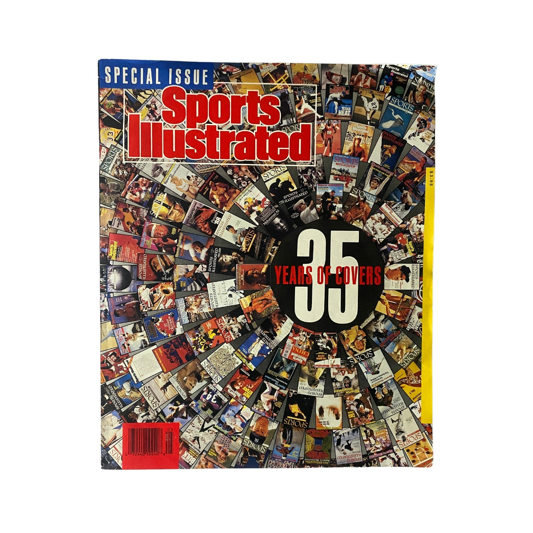 Cover of Sports Illustrated Magazine from March 28, 1990, celebrating 35 Years of Covers, showcasing a collage of iconic magazine covers from various sports.