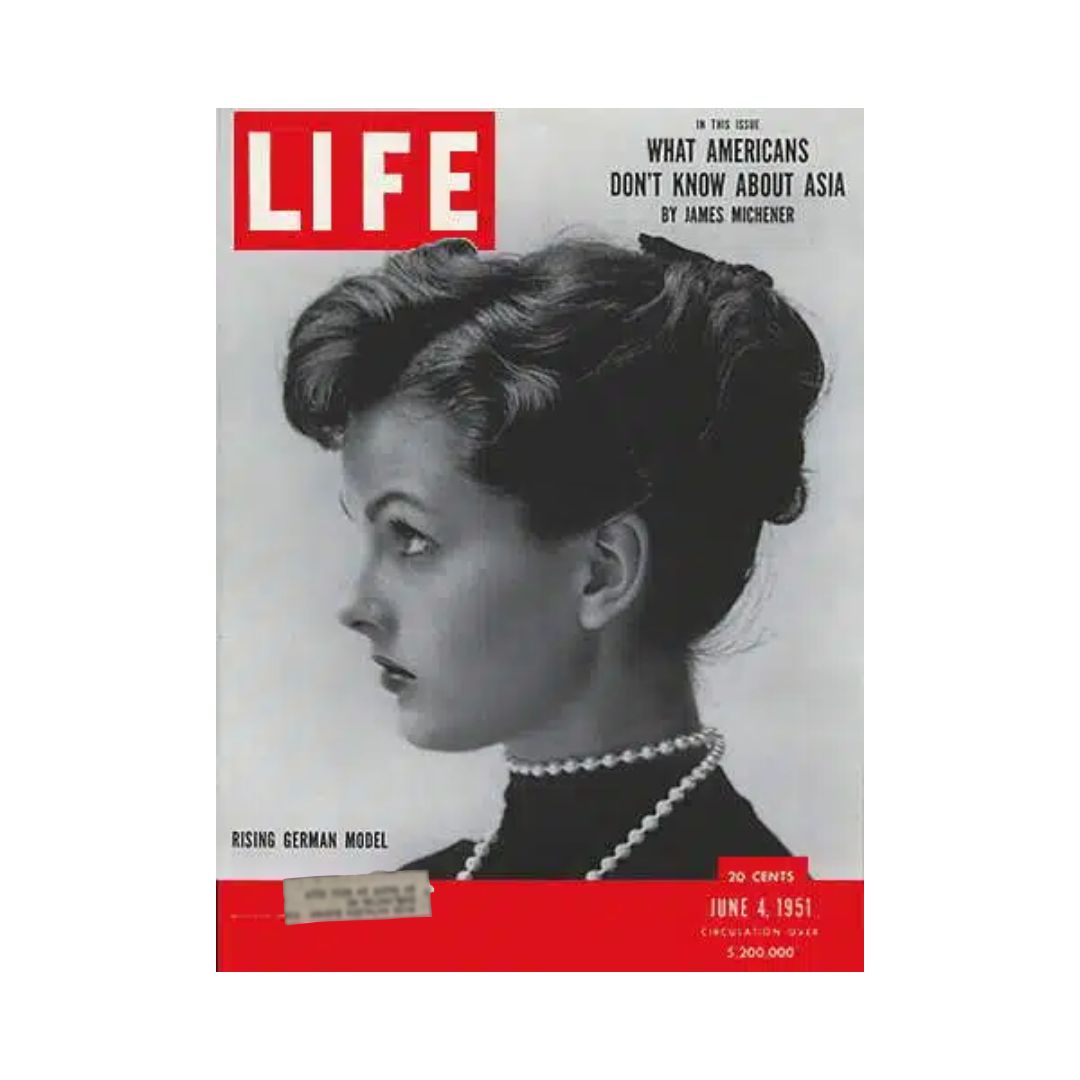 Life Magazine June 4, 1951 cover featuring German model Ursula Thiess, showcasing her elegant profile and hairstyle, described as a rising German model.