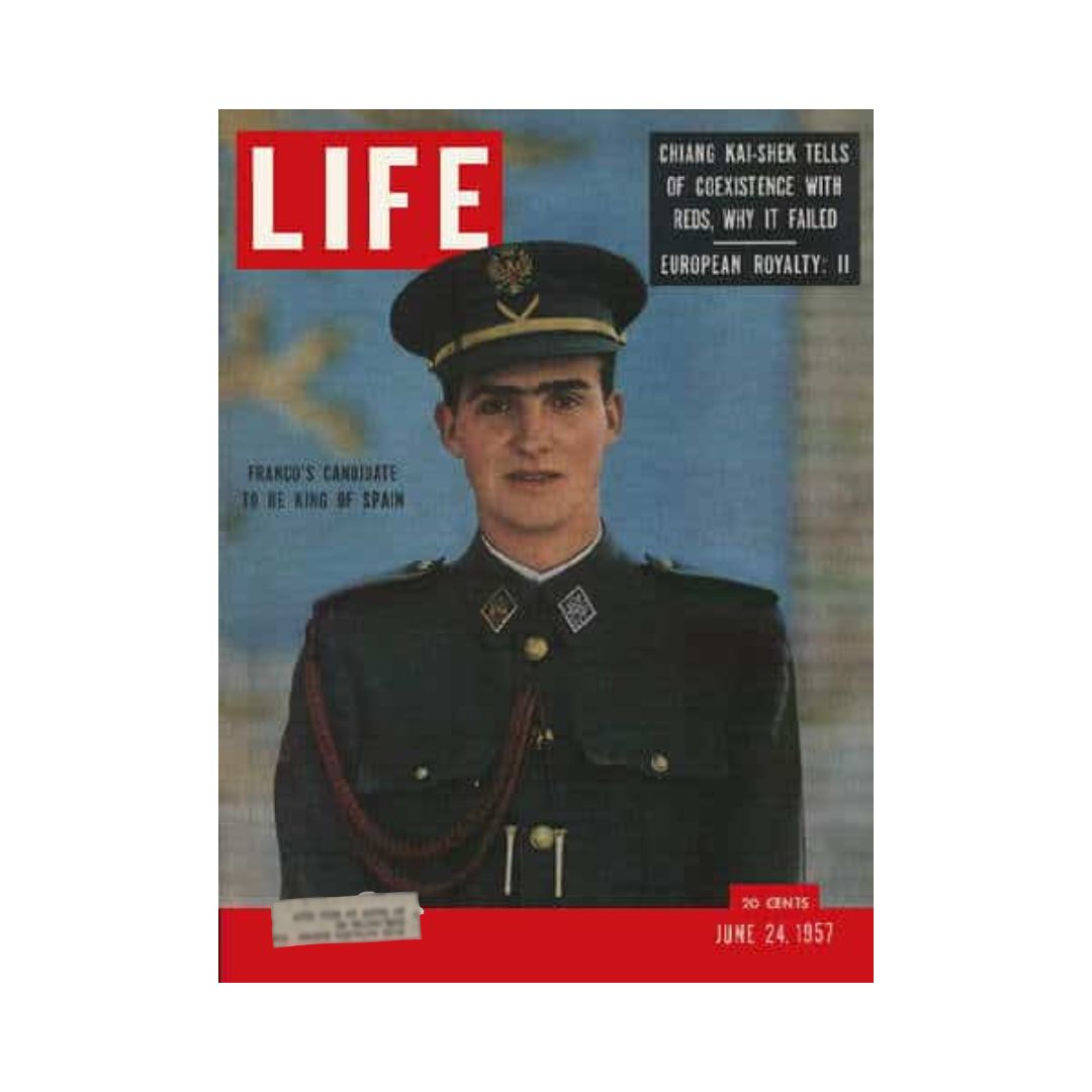 Life Magazine cover from June 24, 1957, featuring Prince Juan Carlos, the King of Spain candidate, in military uniform, showcasing historical significance and cultural context.