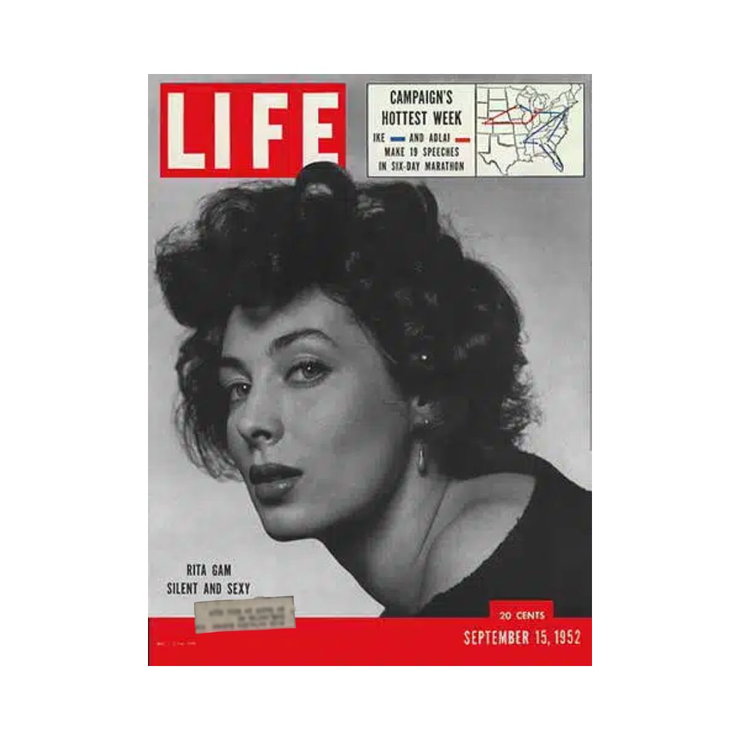 VTG Life Magazine September 15, 1952 featuring Rita Gam, an American film actress, highlighted as 'Silent and Sexy' on the cover with a vintage aesthetic.