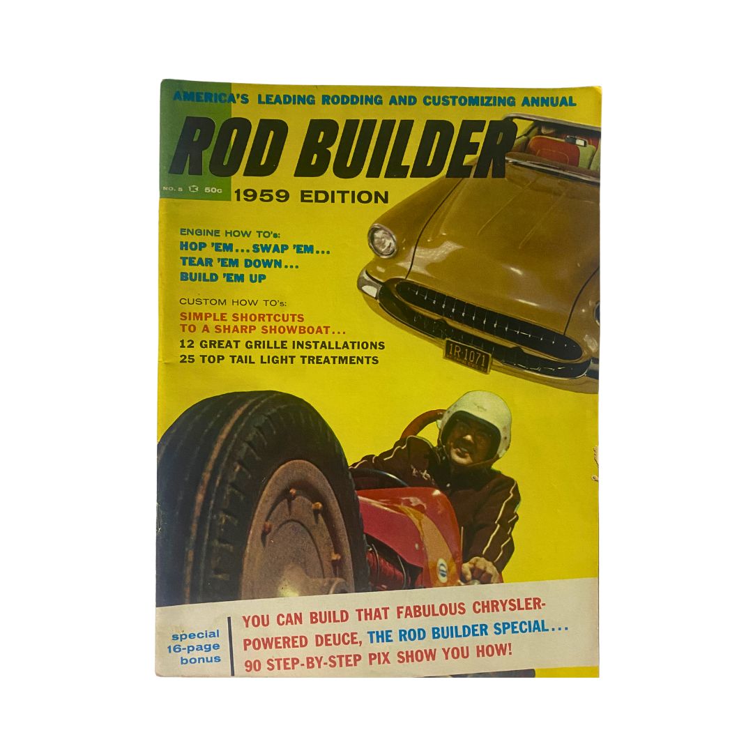 Cover of the VTG Rod Builder Magazine, 1959 No. 5, featuring vibrant graphics and a classic car alongside a race driver. This special edition highlights topics on rod building and customization, making it a valuable resource for vintage magazine collectors and fishing enthusiasts.