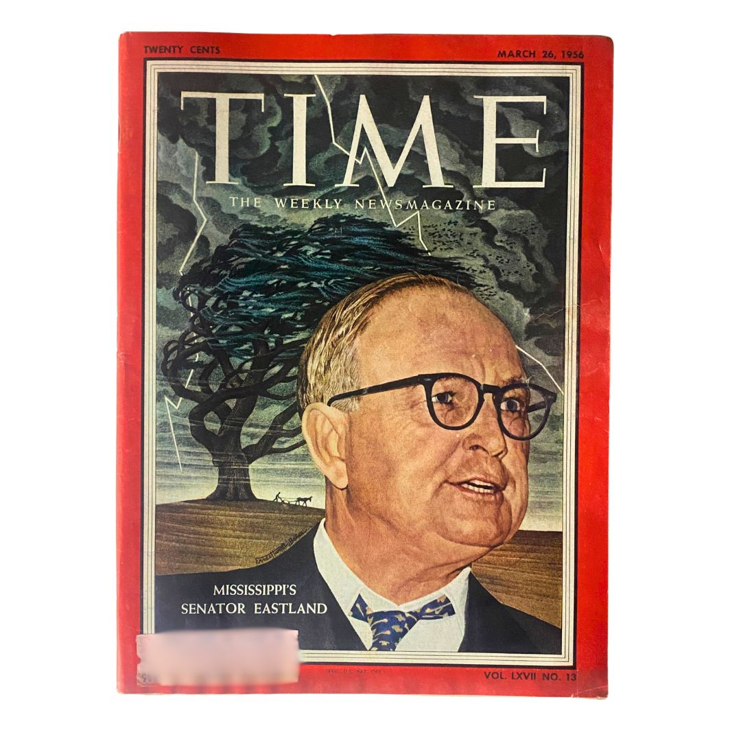 Cover of VTG Time Magazine March 26, 1956 featuring Mississippi Senator James Eastland, showcasing historical imagery and bold magazine title.