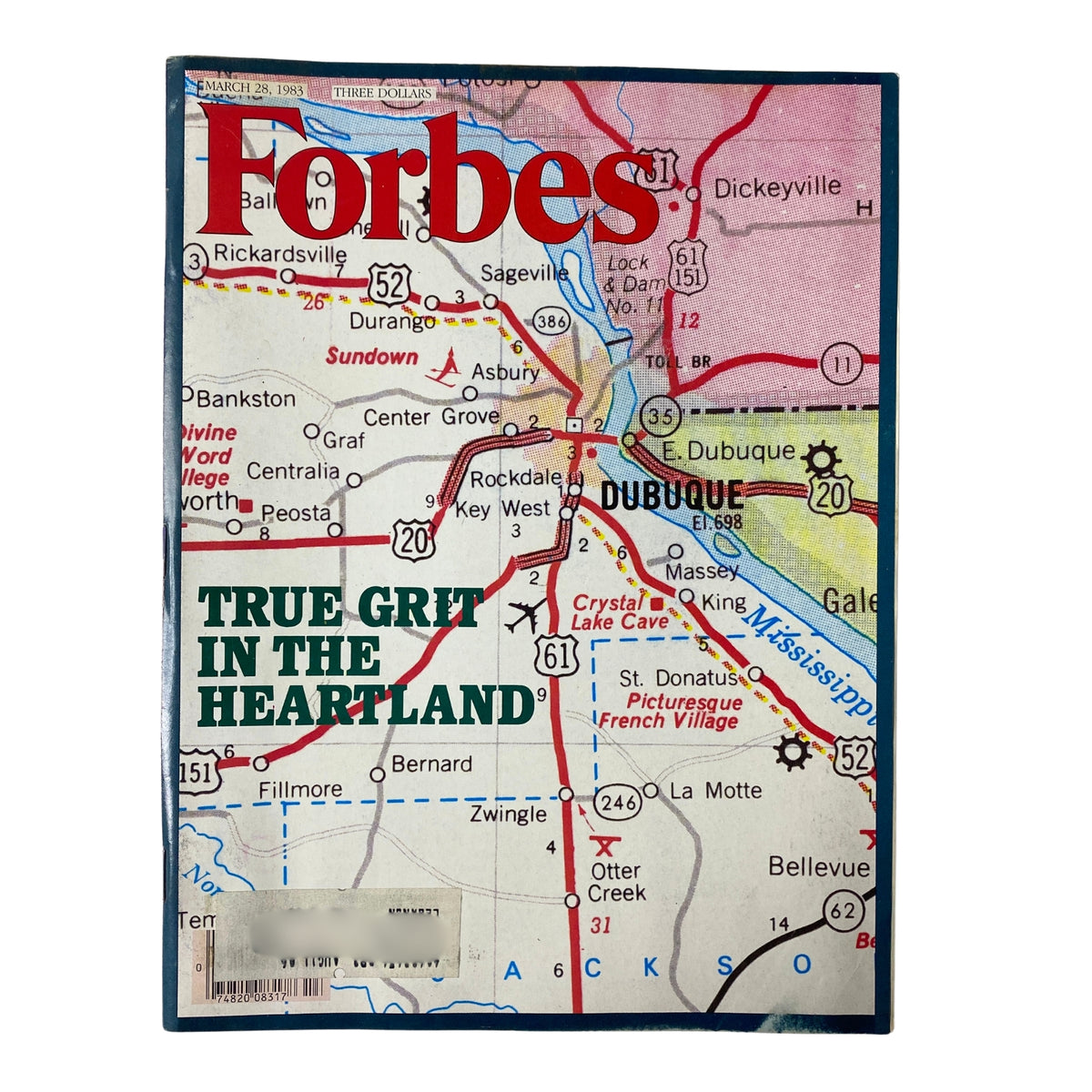 Cover of Forbes Magazine from March 28, 1983, featuring the title 'True Grit in The Heartland' alongside a detailed map of the Midwest, visually representing the economic challenges of the region.