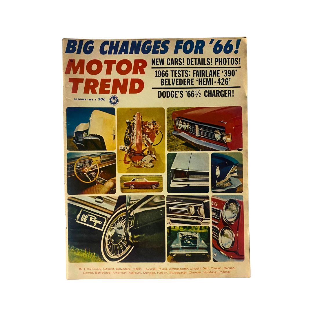 Cover of VTG Motor Trend Magazine October 1965 featuring 'Cars of Indiana Part II'. Highlights include images of vintage automobiles with text mentioning big changes for '66.