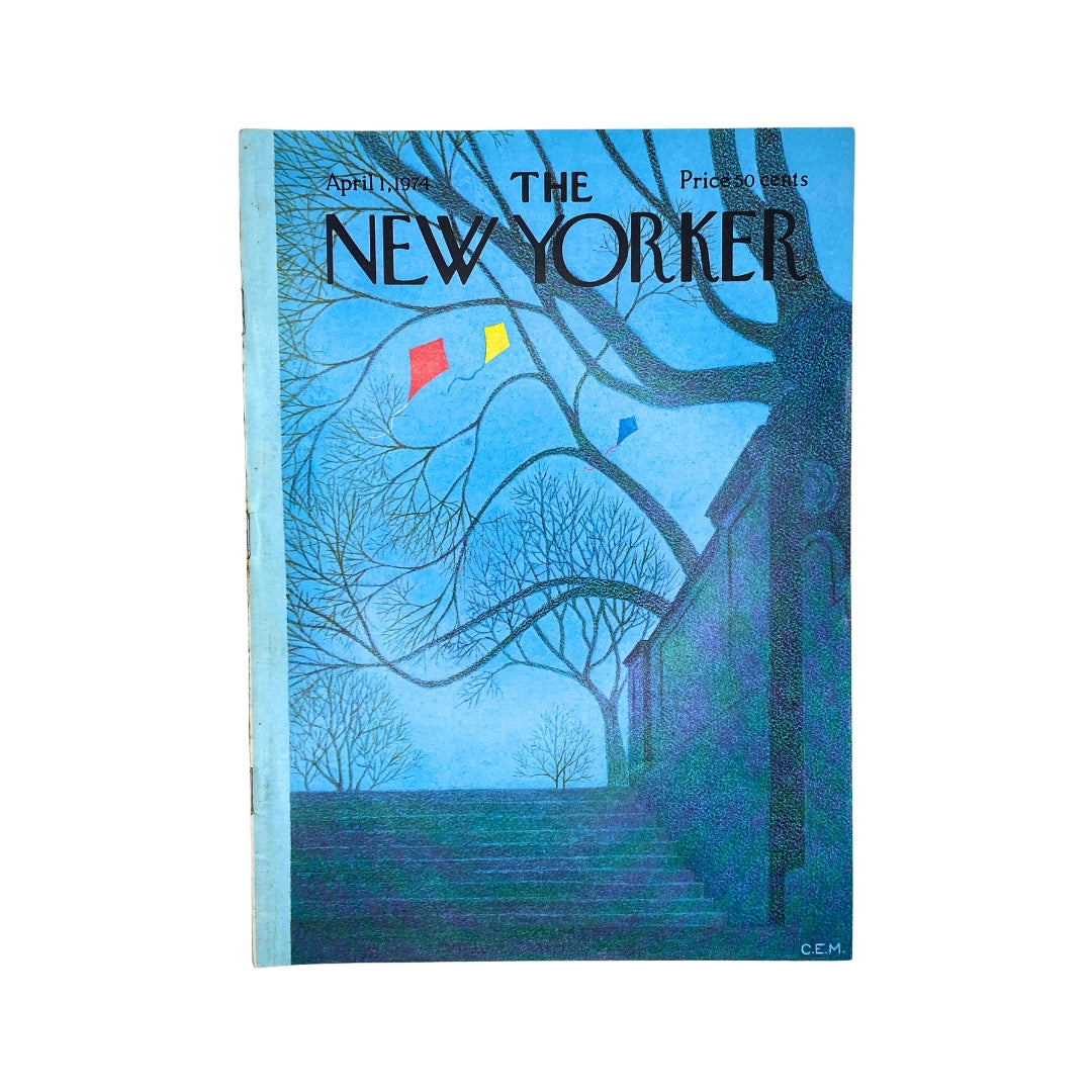 The New Yorker Complete Magazine April 1, 1974 featuring a colorful Charles E. Martin cover with abstract shapes and trees, showcasing vintage design and cultural history.