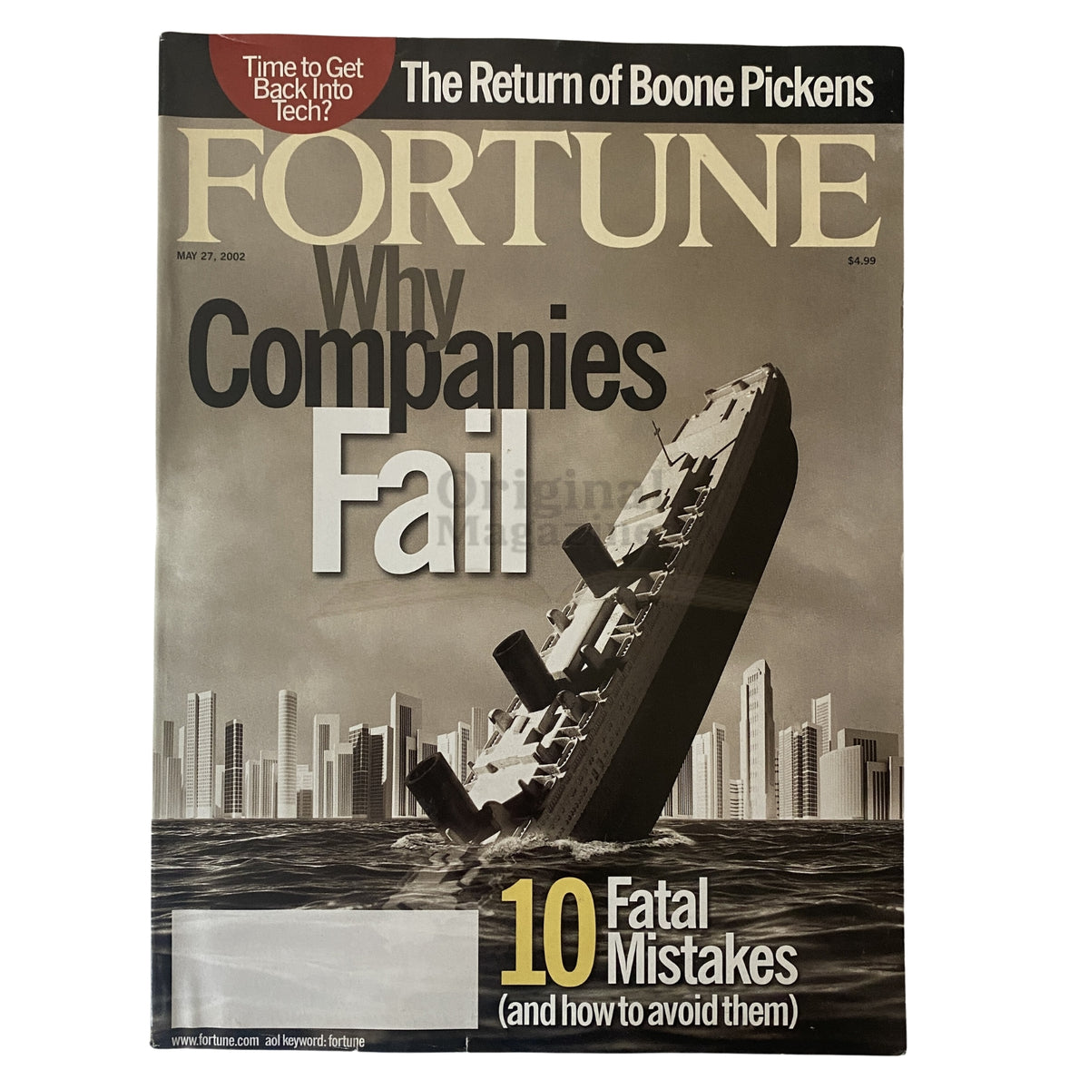 Cover of Fortune Magazine dated May 27, 2002, featuring the title 'Why Companies Fail' highlighting '10 Fatal Mistakes' with an image of a sinking ship, symbolizing corporate failures.