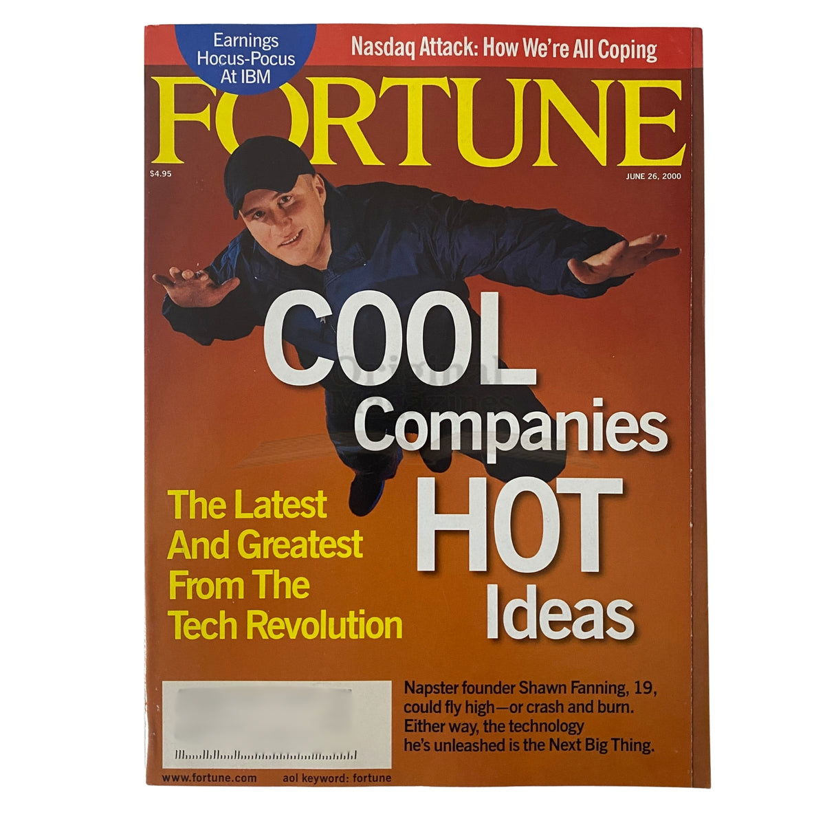 Fortune Magazine cover from June 26, 2000 featuring Napster Founder Shawn Fanning, with the title 'Cool Companies Hot Ideas' highlighting the latest tech revolution.
