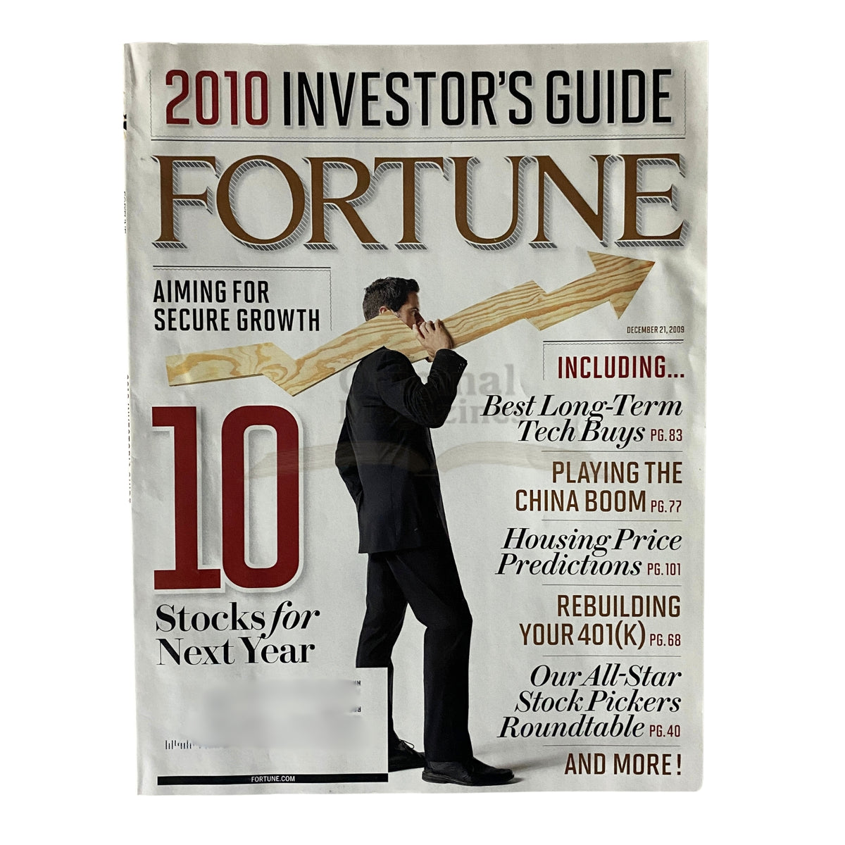 Cover of Fortune Magazine December 21, 2009 featuring the title 'Best Long Term Tech Buys' and '10 Stocks for Next Year', emphasizing financial growth strategies.