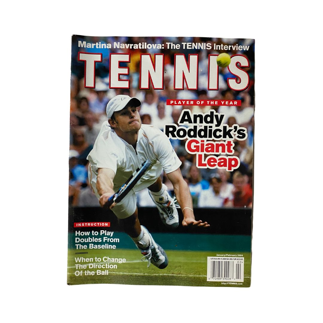Tennis Magazine, January February 2004 issue featuring Andy Roddick on the cover, highlighting his achievements and tennis culture of the early 2000s.