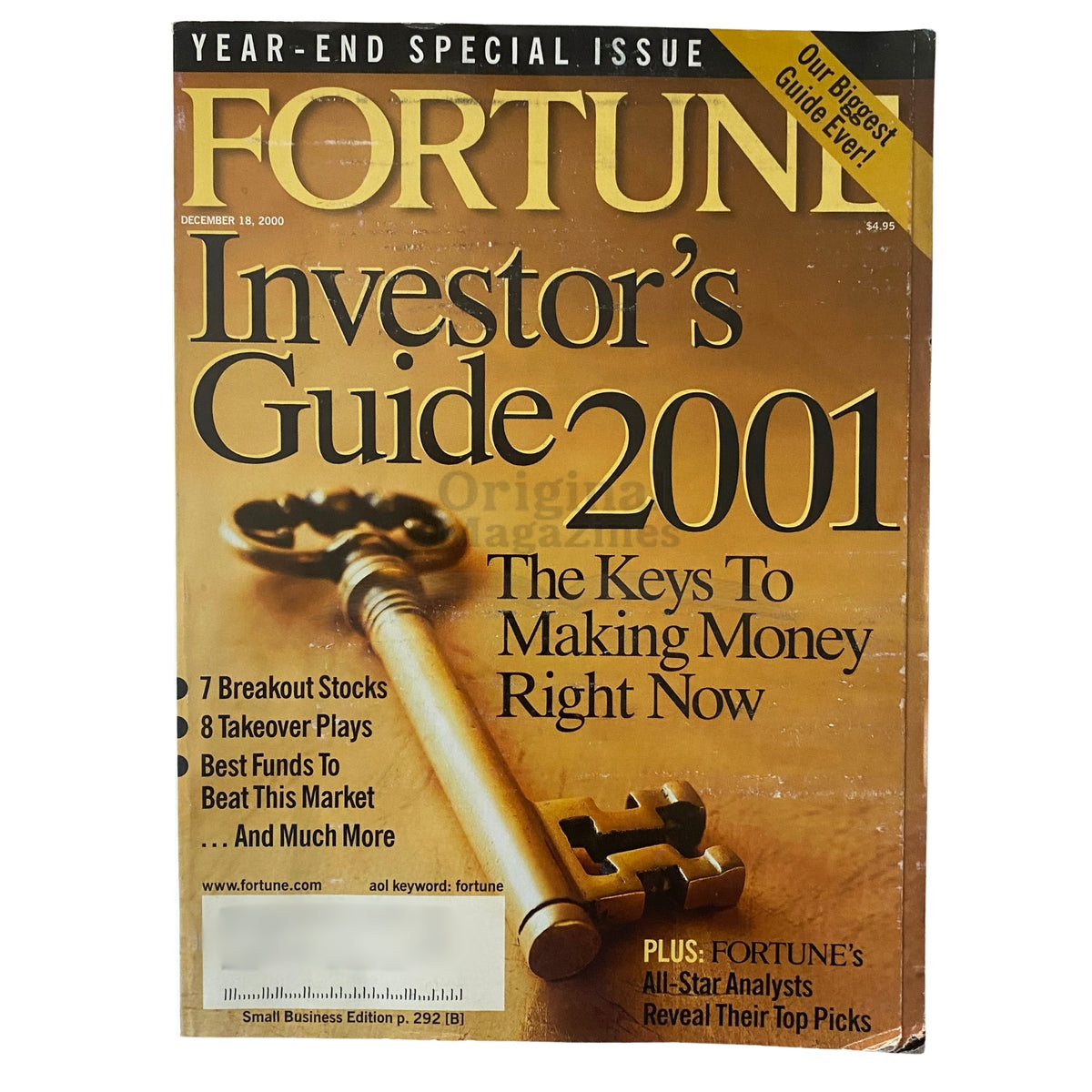 Cover of Fortune Magazine December 18, 2000, featuring the title 'Investor's Guide 2001: The Keys To Making Money Right Now' and highlighting seven breakout stocks and takeover plays.