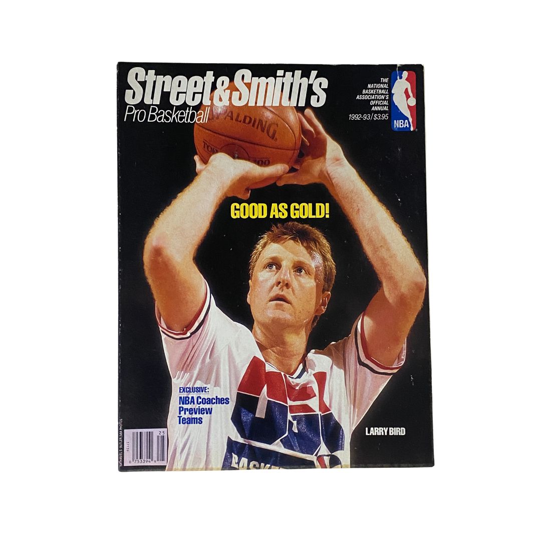 Front cover of Street & Smith's Pro Basketball Magazine 1992-1993 featuring Larry Bird, showcasing the iconic player in action with the headline 'GOOD AS GOLD!' and NBA branding.