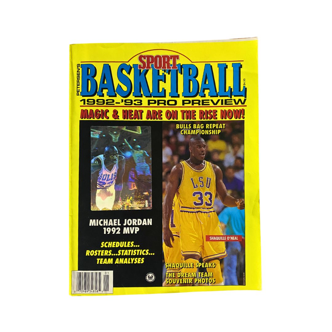 Cover of the Sport Magazine Basketball 1992-1993 Pro Review featuring Michael Jordan and Shaquille O'Neal. The magazine highlights key information such as Magic and Heat's rise, championship details, and player statistics.