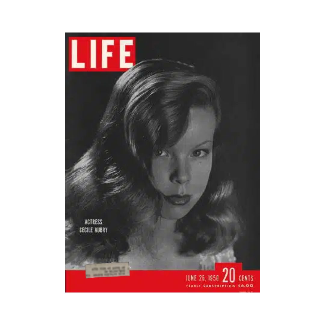 Front cover of VTG Life Magazine June 26, 1950 featuring actress Cecile Aubry, showcasing her elegant hairstyle and classic beauty, with prominent 'LIFE' logo and publication details.