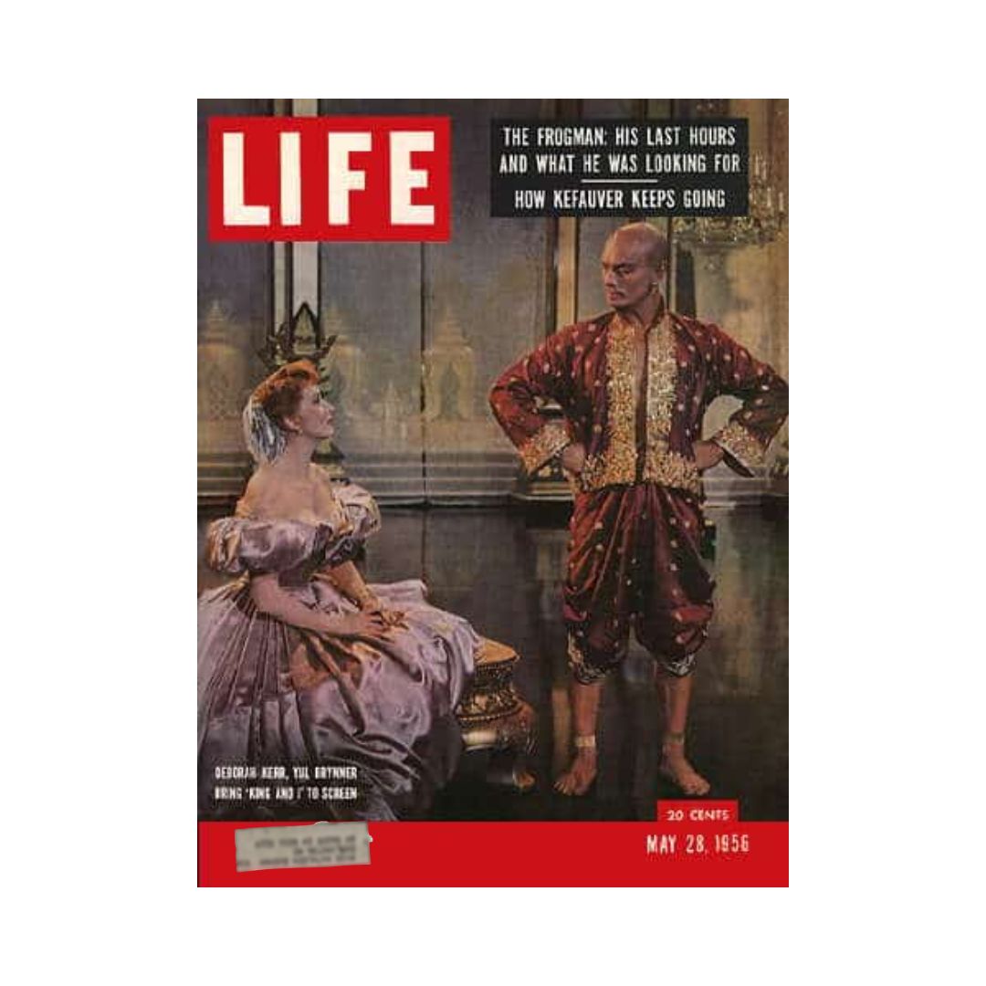 Life Magazine cover from May 28, 1956, featuring iconic performances of Kerr and Yul Brynner in 'The King and I'. The cover highlights the theatrical brilliance of the era with a vivid photograph showcasing the characters dressed in traditional costumes.