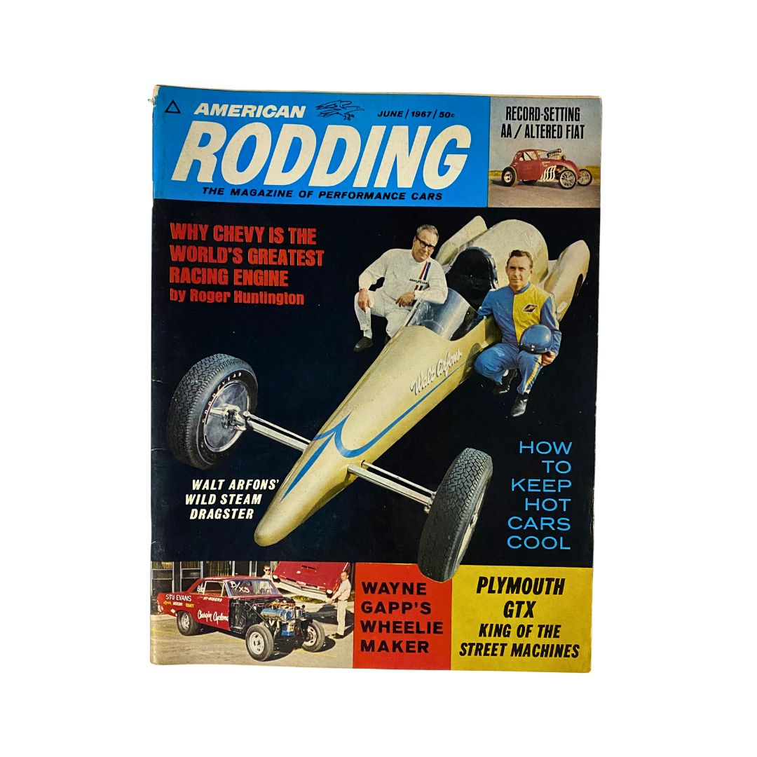VTG American Rodding Magazine June 1967 cover featuring Wayne Gapp's Wheelie Maker and articles on racing performance and innovations in the drag racing scene.